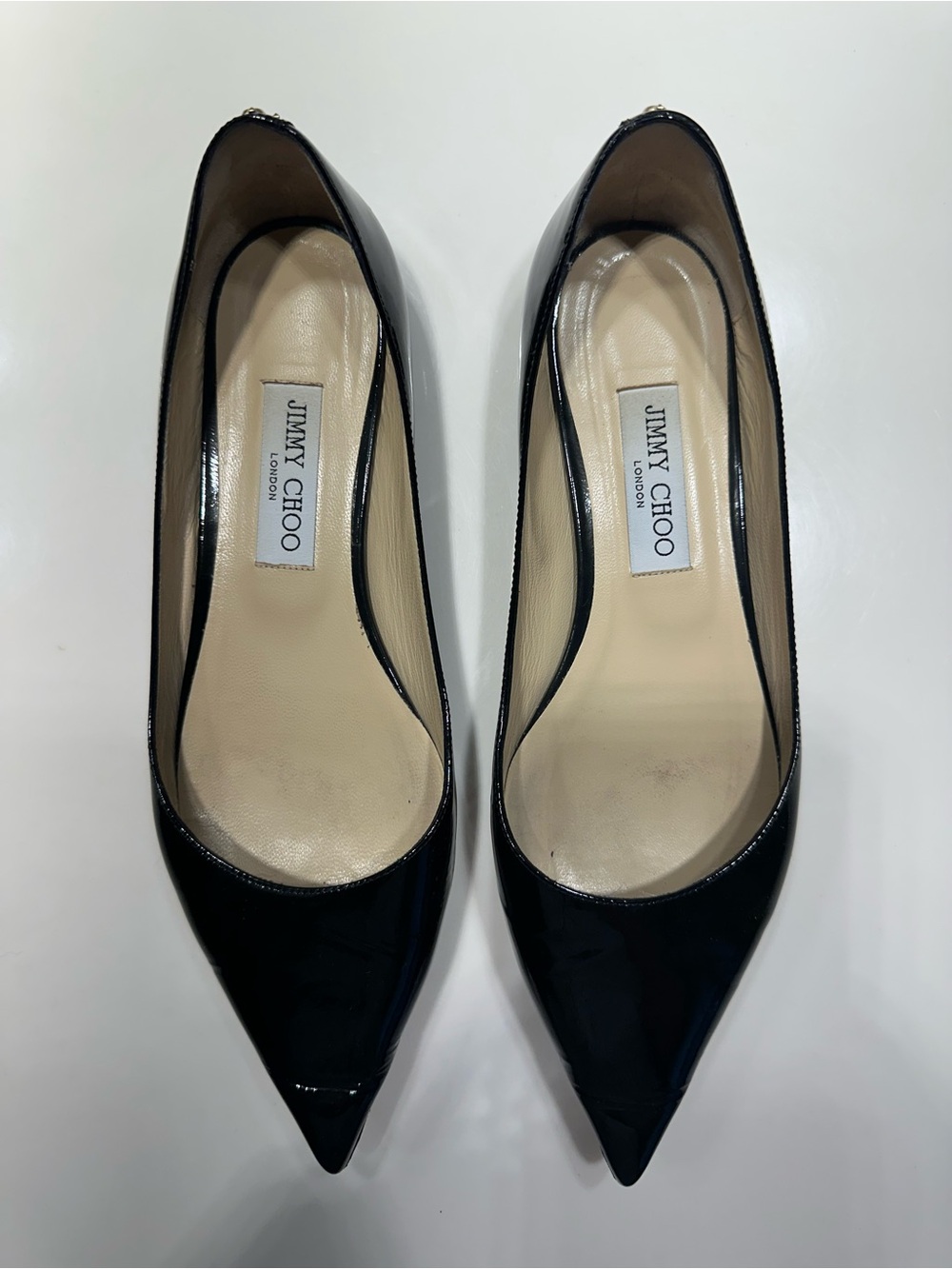 Jimmy Choo Black Patent Pointed-Toe Pumps - Sleek Heel